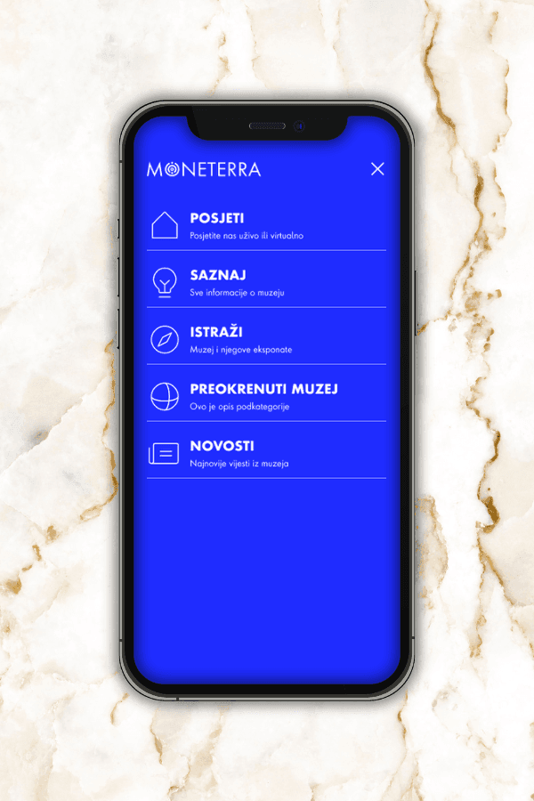 Moneterra website menu mockup on a mobile phone, blue background, icons