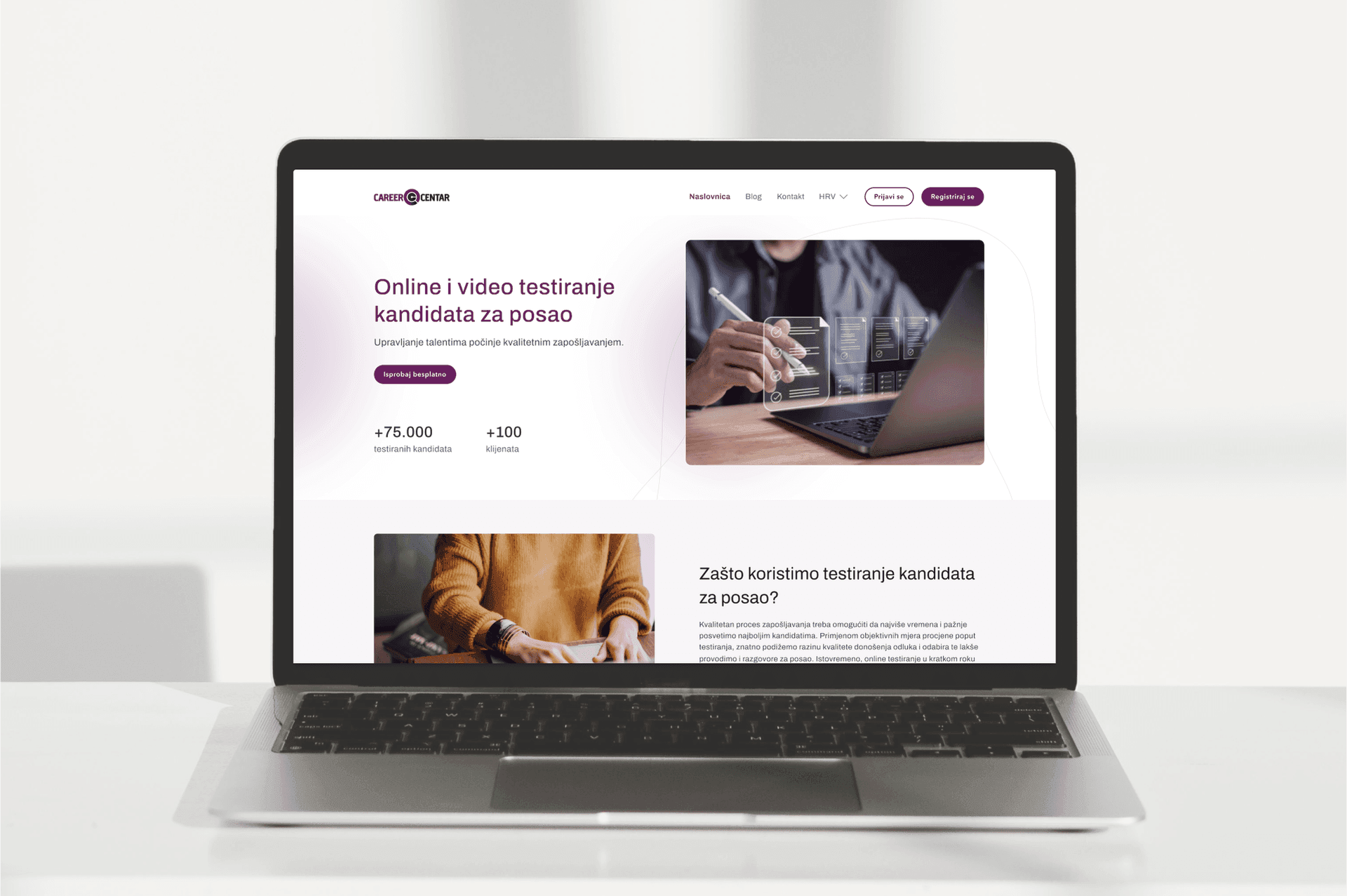 A mockup of our CareerCentar solution's homepage on a laptop placed in a white room