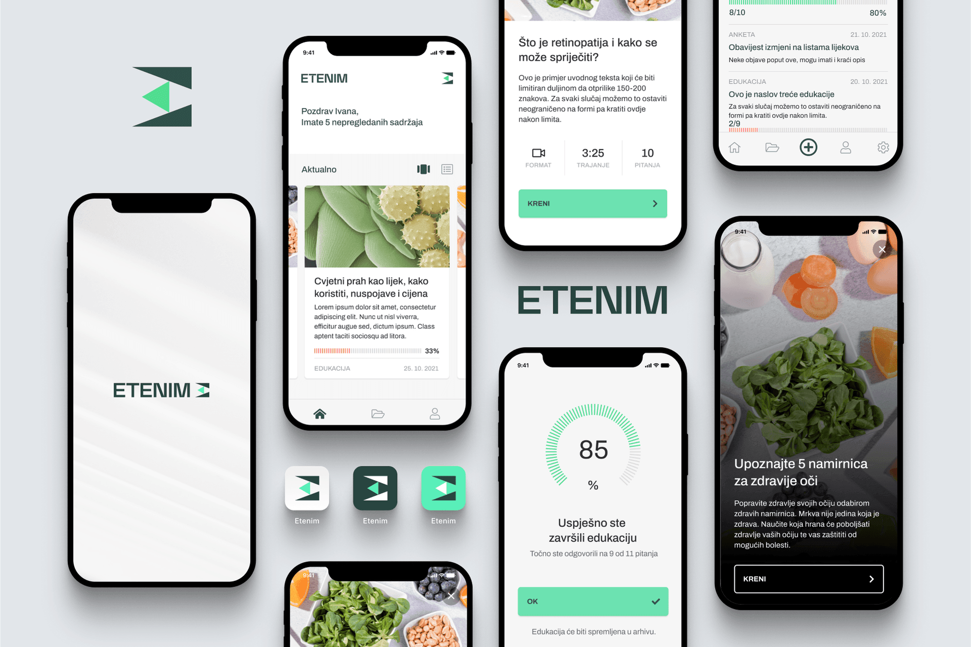 Etenim application mockups on mobile phones, the icons and the typography of the application