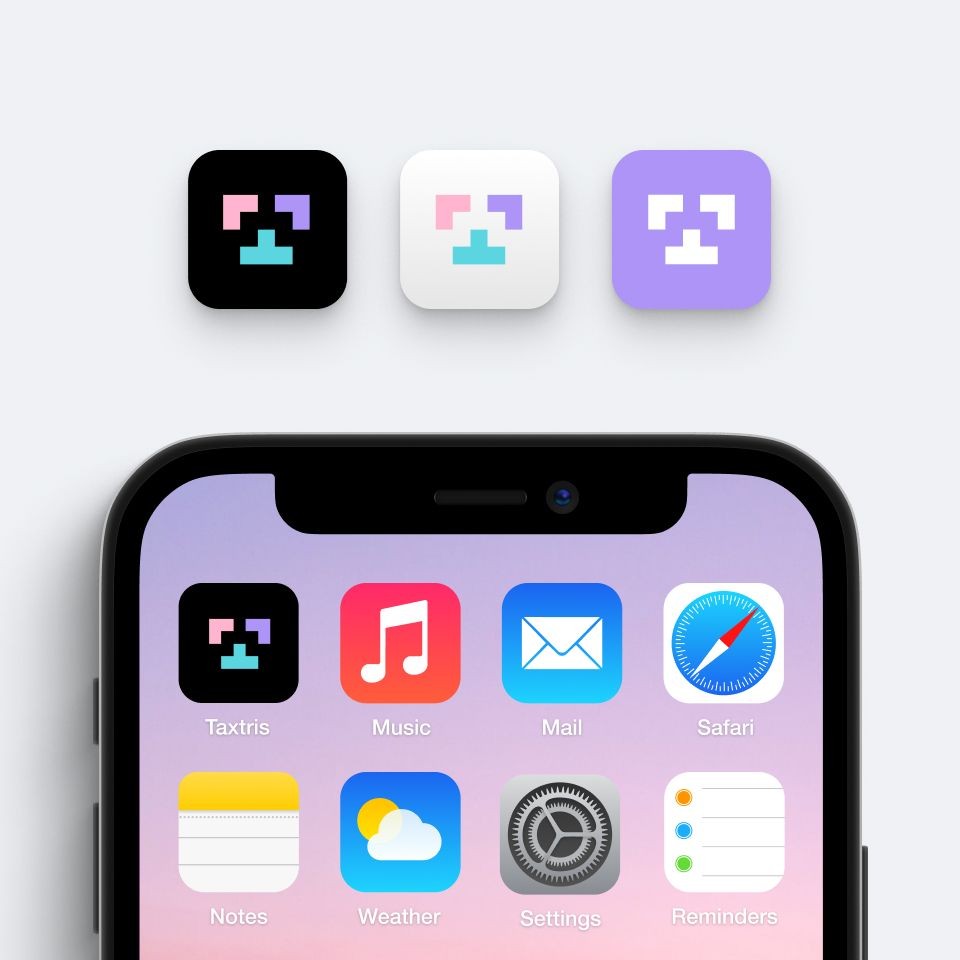 Taxtris icons in three color styles, mockup of an iPhone with the icon on the screen, along with other icons like music mail, Safari, notes, weather, settings and reminders