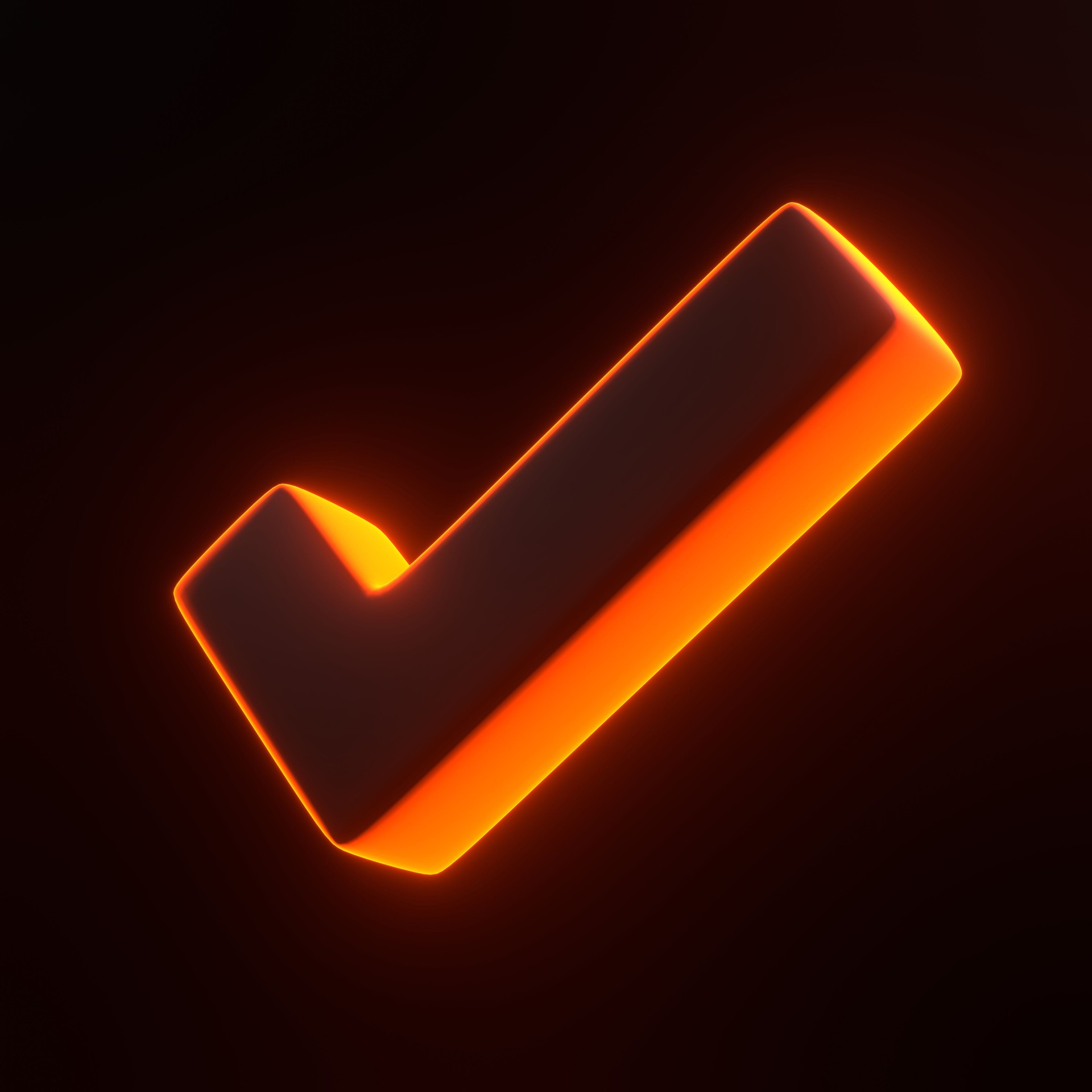 Check mark with bright glowing futuristic orange neon lights on black background