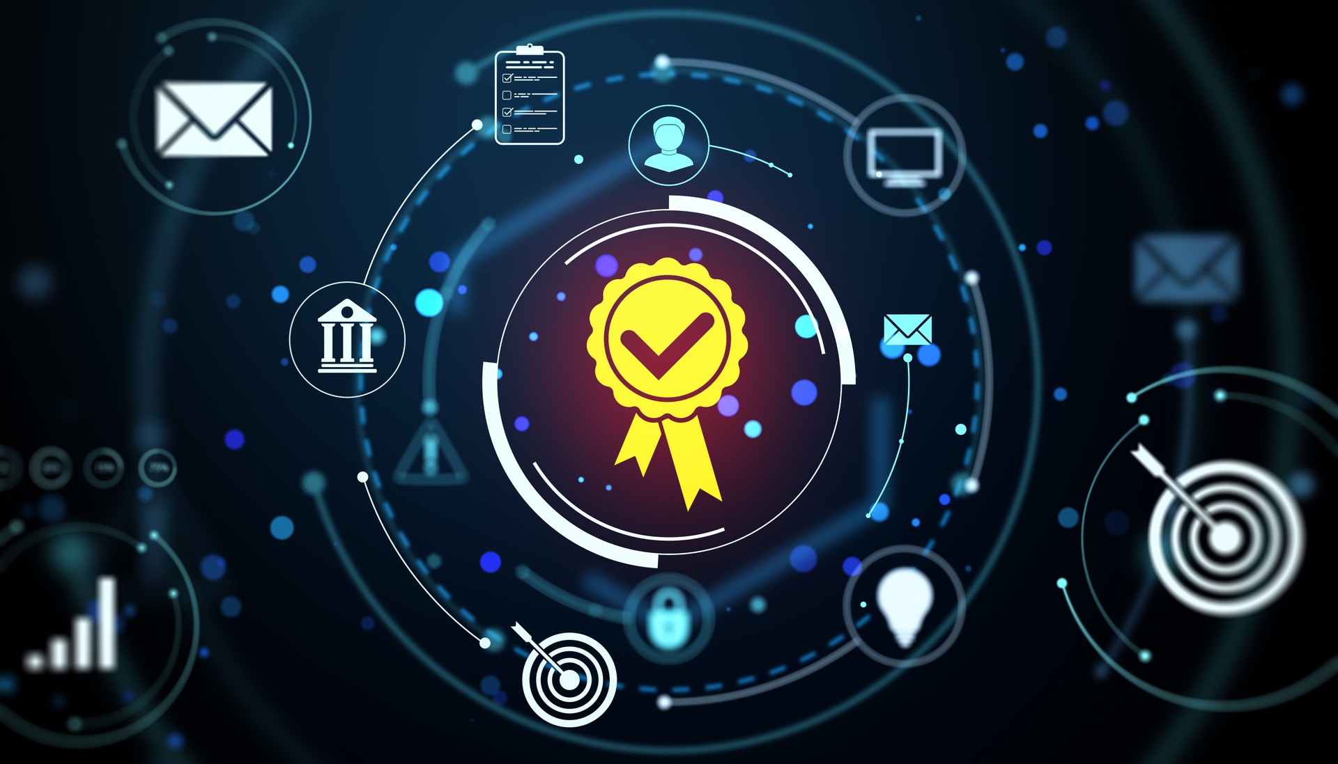 Digital certification badge with glowing icons and technology elements on a dark abstract background with circular data graphics and light effects. 3D Rendering